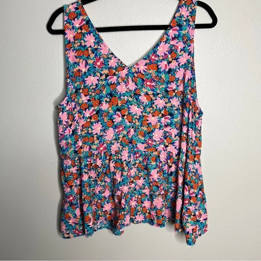 Loft Daisy Double V Peplum Shell Tank Top Floral Print Sz L Pink Blue Green
